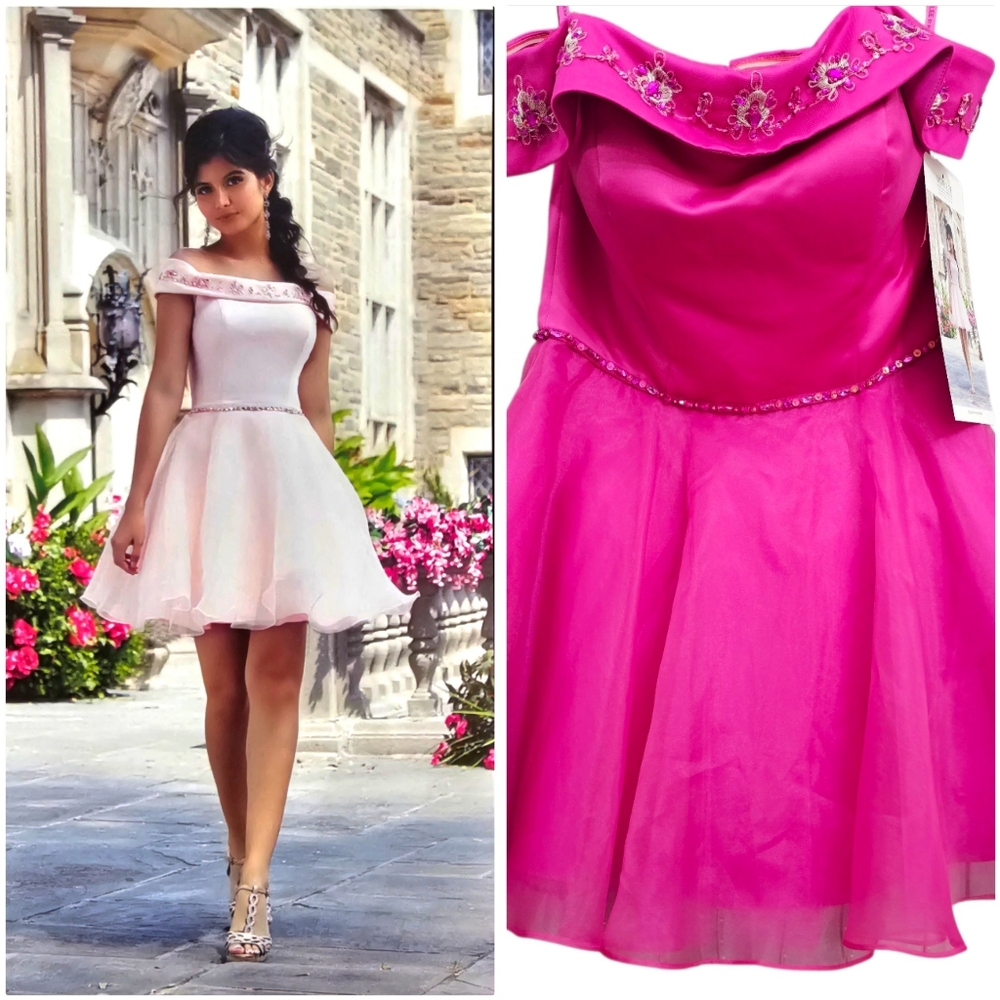 Mori Lee Pink Cold/ Off ShoulderPassion Pink Satin Short Prom Dress Floral Beads